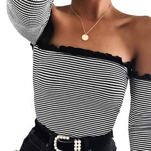 Ribbed Off-the-Shoulder Stripe Top
